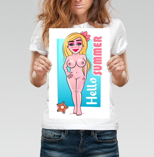 Фотография футболки Обнаженная девушка на фоне голубого лета Hello summer
