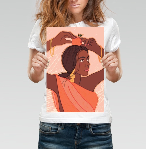 Фотография футболки Темнокожая девушка с апельсином в оранжевом платье на голове