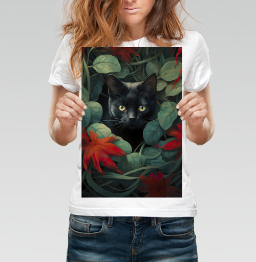 Фотография футболки Кот в зеленой листве с красными листьями Кот в листве