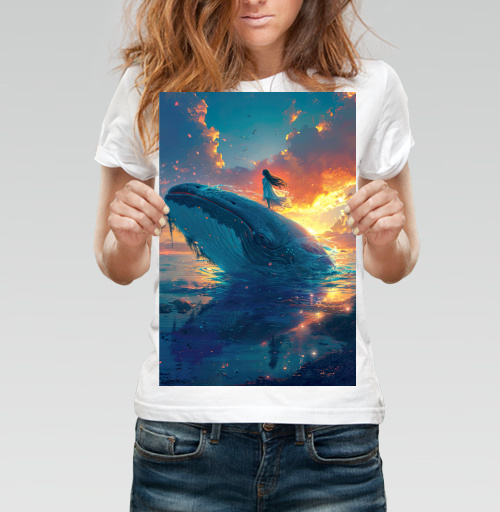 Фотография футболки Девочка стоит на гигантском синем ките закатное небо
