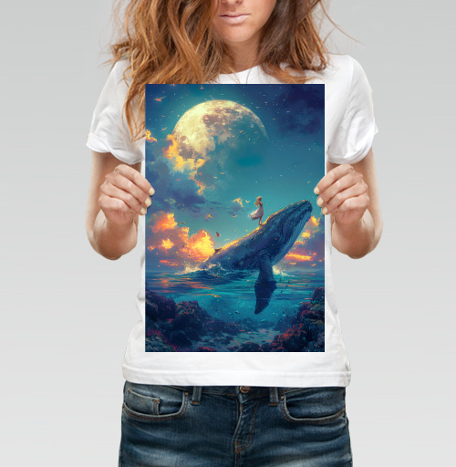 Фотография футболки Фантазия единства: Кит и девушка на Луне