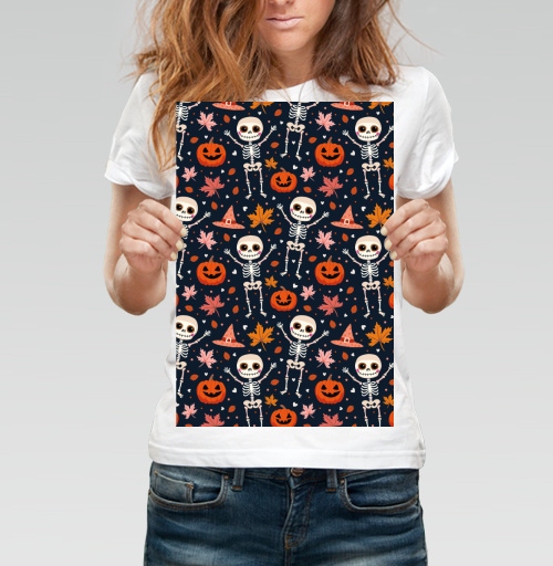 Фотография футболки Веселый танцующий скелет и тыква / Happy skeleton and pumpkin Halloween