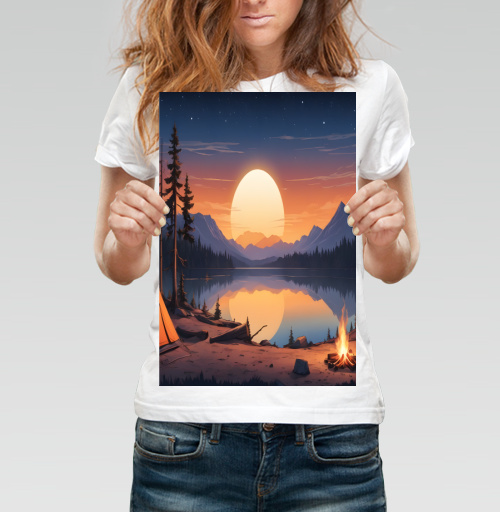 Фотография футболки Nature adventures at the mountain lake sunset / Поход к горному озеру на закате