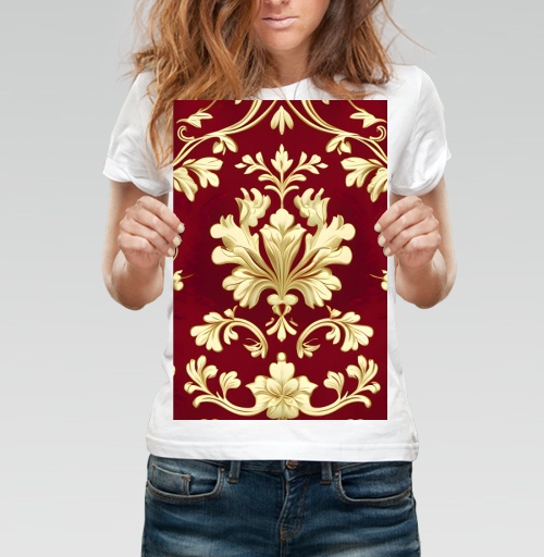 Фотография футболки Золотой дамасский узор на темном бордовом фоне Golden damask pattern