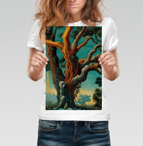 Фотография футболки Golden tree in turquoise forest / Золотое дерево в бирюзовом лесу