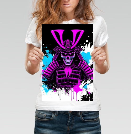 Фотография футболки Neon Cyber Samurai Warrior / Самурай Череп в ярких брызгах краски