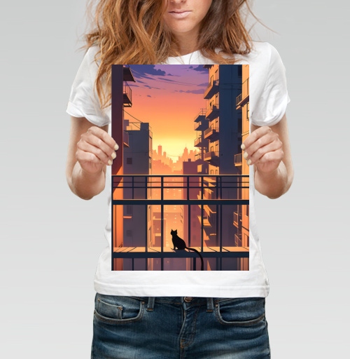 Фотография футболки Silhouette Cat Watching City Sunset Силуэт кота смотрящего на закат города
