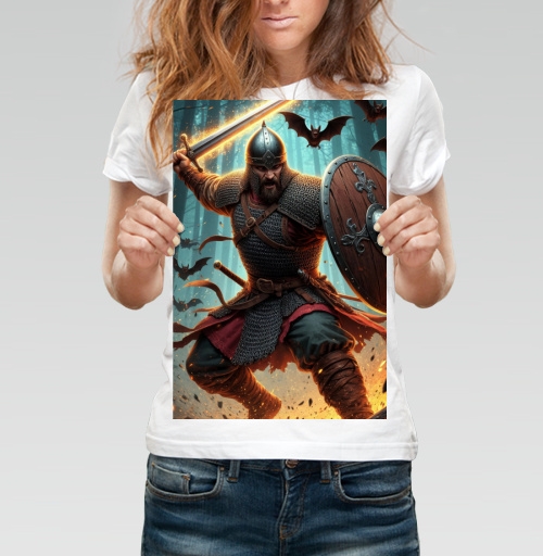Фотография футболки Viking / Викинг - Яростный викинг с пылающим мечом и щитом воин северная битва