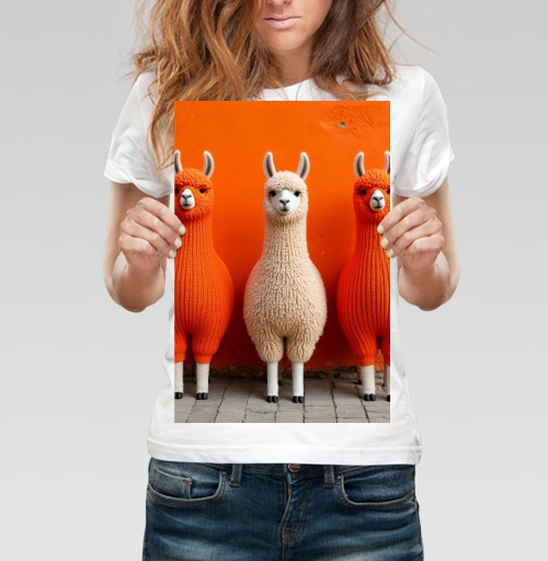 Фотография футболки Llamas in orange sweaters / Ламы в ярких свитерах у оранжевой стены