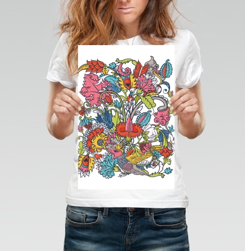 Фотография футболки Vintage floral seamless pattern with bird / Винтажный цветочный бесшовный узор с птицей