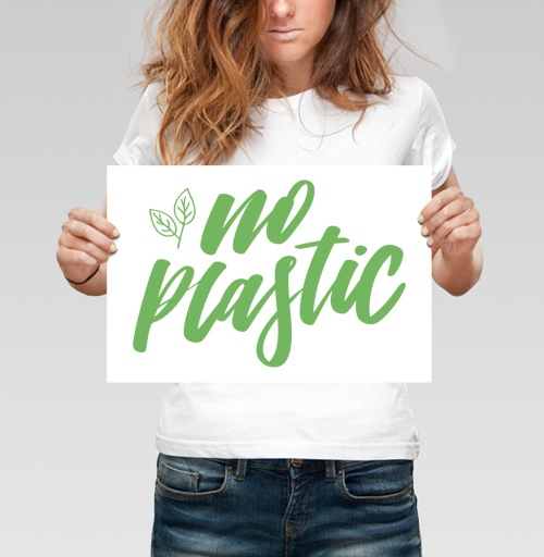 Фотография футболки Отказ от пластика зелеными буквами с листьями no plastic