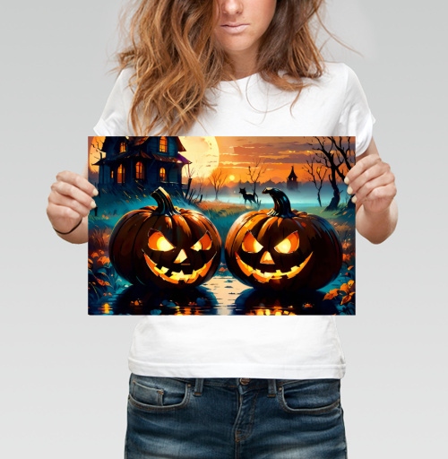 Фотография футболки Зловещие тыквы Хэллоуин ночь светящиеся тыквы
