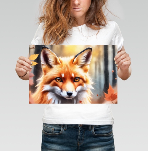 Фотография футболки Теплый осенний лис рыжие листья лесу
