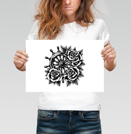 Фотография футболки Штурвал корабля с пышными розами в стиле тату Roses Tattoo Style