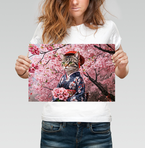 Фотография футболки Кот в кимоно с цветами сакуры