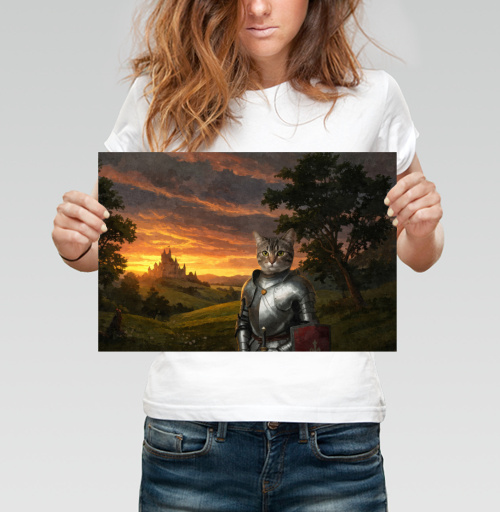 Фотография футболки Рыцарь кот в доспехах на фоне заката и замка