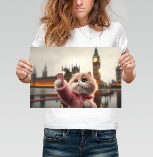 Фотография футболки Кот в пальто делает селфи в Лондоне ночью