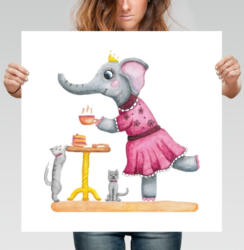 Фотография футболки Cute watercolor girl elephant in a pink dress. Tea party. / Милая акварельная слоница в розовом платье. Чаепитие.