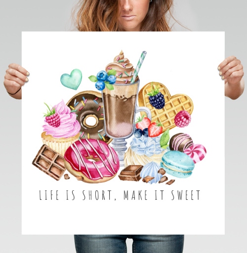 Фотография футболки Сладкие десерты и напитки с надписью жизнь коротка make it sweet