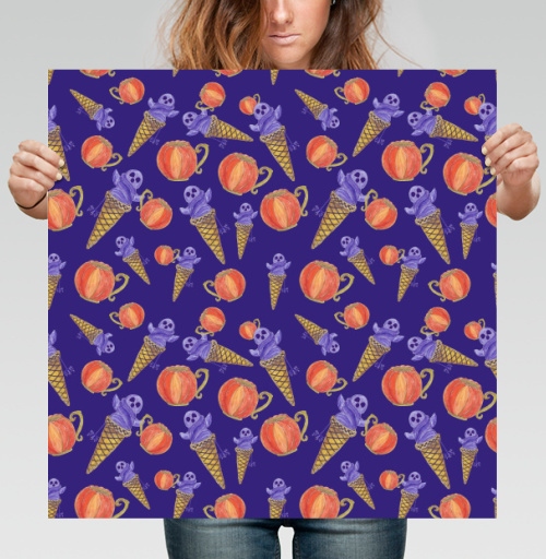 Фотография футболки Halloween Holiday Pumpkin Pattern Темно Фиолетовый Оранжевый Морозное Сладкое