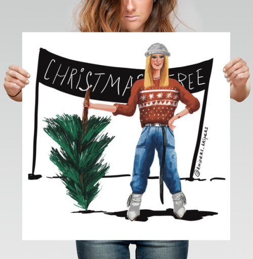 Фотография футболки Девушка с мини елкой в свитере и джинсах Christmas Tree