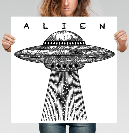 Фотография футболки Винтажный НЛО с лучом света и надписью ALIEN