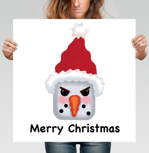 Фотография футболки Агрессивный снеговик с красной шапкой и надписью Merry Christmas