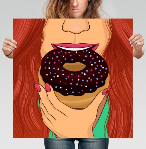 Фотография футболки Девушка с пончиком в руке держит сладость перед лицом