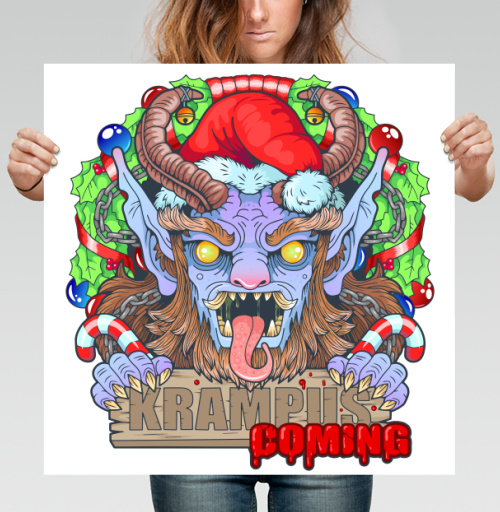 Фотография футболки Яркий принт Крампус с надписью «KRAMPUS IS COMING»