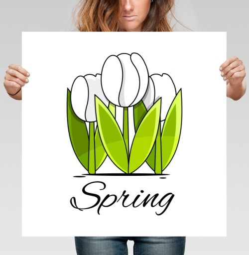 Фотография футболки Белые тюльпаны и зелёные листья весна надпись Spring