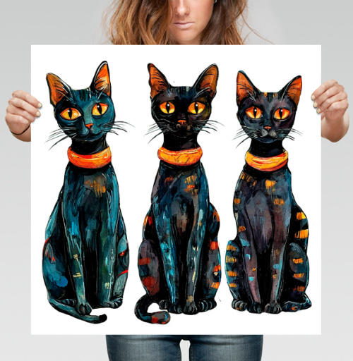 Фотография футболки Три черных кота с оранжевыми глазами / Three Black Cats with Orange Eyes