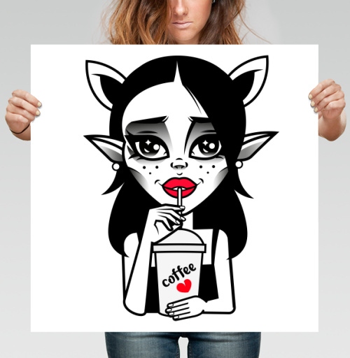 Фотография футболки Stylish Demon Girl Drinking Coffee / Стильная Демонесса Пьет Кофе Сердце