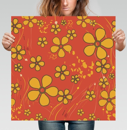 Фотография футболки Yellow Flowers Retro Pattern – Желтые цветы ретро узор оранжевого цвета