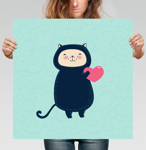 Фотография футболки Милый котик с розовым сердцем в kawaii стиле