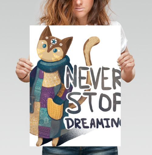 Фотография футболки Яркая вдохновляющая стилизованная кошка NEVER STOP DREAMING