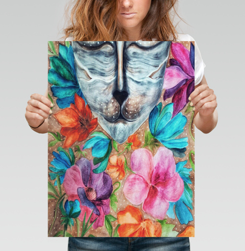 Фотография футболки Спящая кошка среди ярких цветочных мотивов