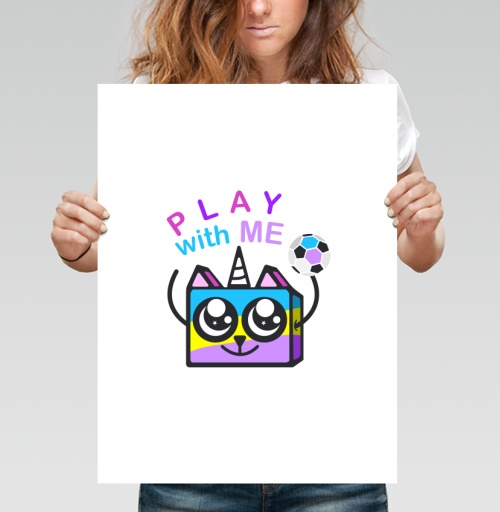 Фотография футболки Play with me. Радужный Кот-единорог.