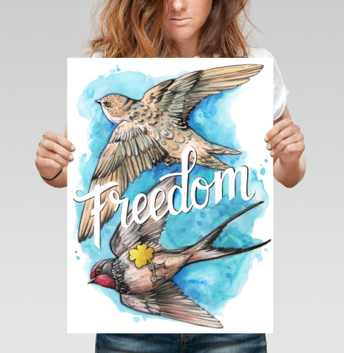 Фотография футболки Freedom – Свобода птицы в небе с золотым клевером удачи Свобода