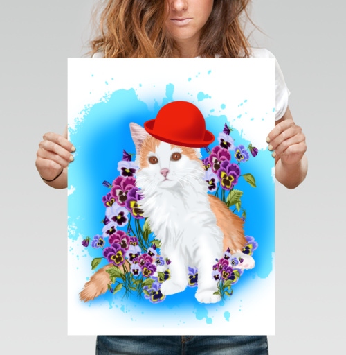 Фотография футболки Кот в красной шляпе и анютины глазки Кот в красной шляпе и анютины глазки