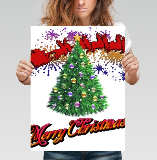 Фотография футболки Яркая новогодняя елка с оленями и Merry Christmas надписью