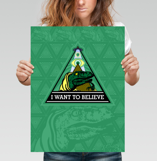 Фотография футболки Велоцираптор Иллюминат с Надписью I WANT TO BELIEVE
