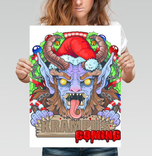 Фотография футболки Яркий принт Крампус с надписью «KRAMPUS IS COMING»
