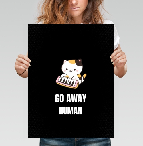 Фотография футболки Мультяшный котёнок с синтезатором и надписью GO AWAY