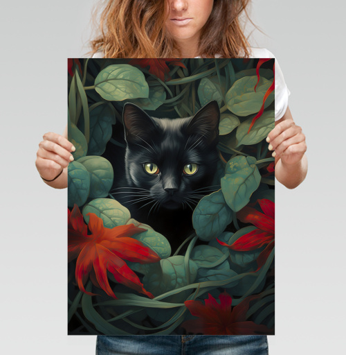 Фотография футболки Кот в зеленой листве с красными листьями Кот в листве