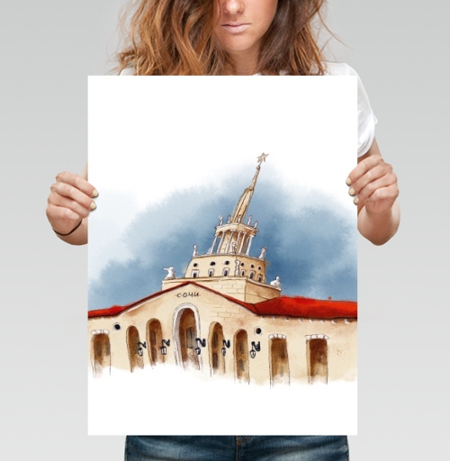 Фотография футболки Красная крыша Сочи на фоне голубого неба Сочи