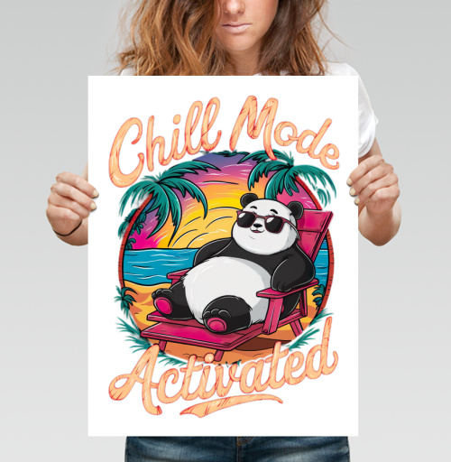 Фотография футболки Панда отдых на закате пляж в кресле Chill Mode Activated