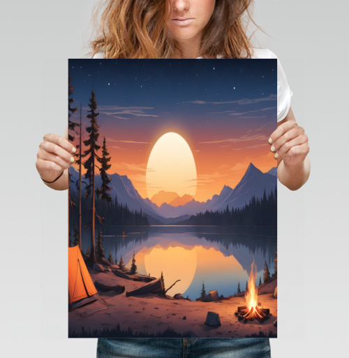 Фотография футболки Nature adventures at the mountain lake sunset / Поход к горному озеру на закате
