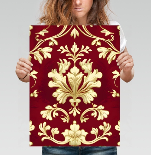 Фотография футболки Золотой дамасский узор на темном бордовом фоне Golden damask pattern