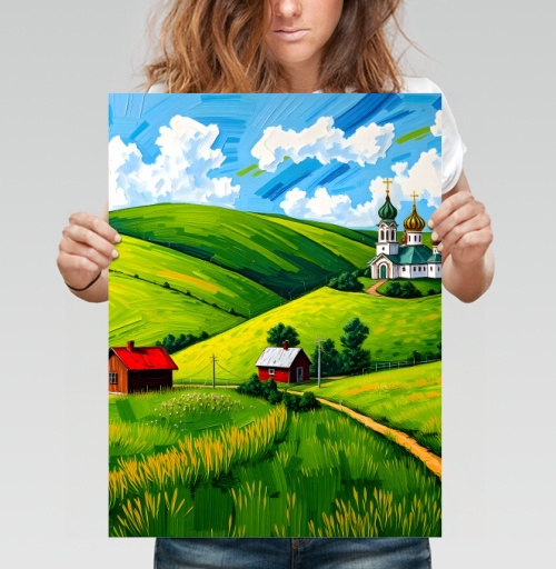 Фотография футболки Village Summer Landscape - Летний сельский пейзаж с золотыми куполами церкви