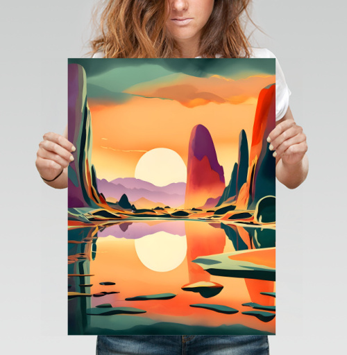 Фотография футболки Surreal Mountains on Lake – Сюрреалистичные горы озеро пейзаж заката